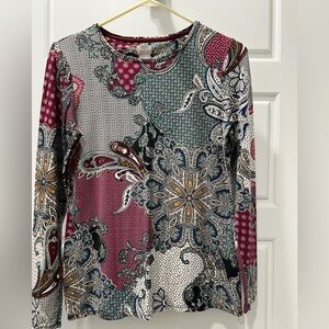 Chico’s Paisley Burgundy and Forest Green Long Sleeve Knit Top